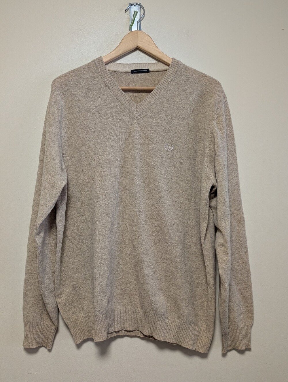 Sergio Tacchini Wool Blend V Neck Sweater Beige Oatmeal Quiet Luxury Tennis L